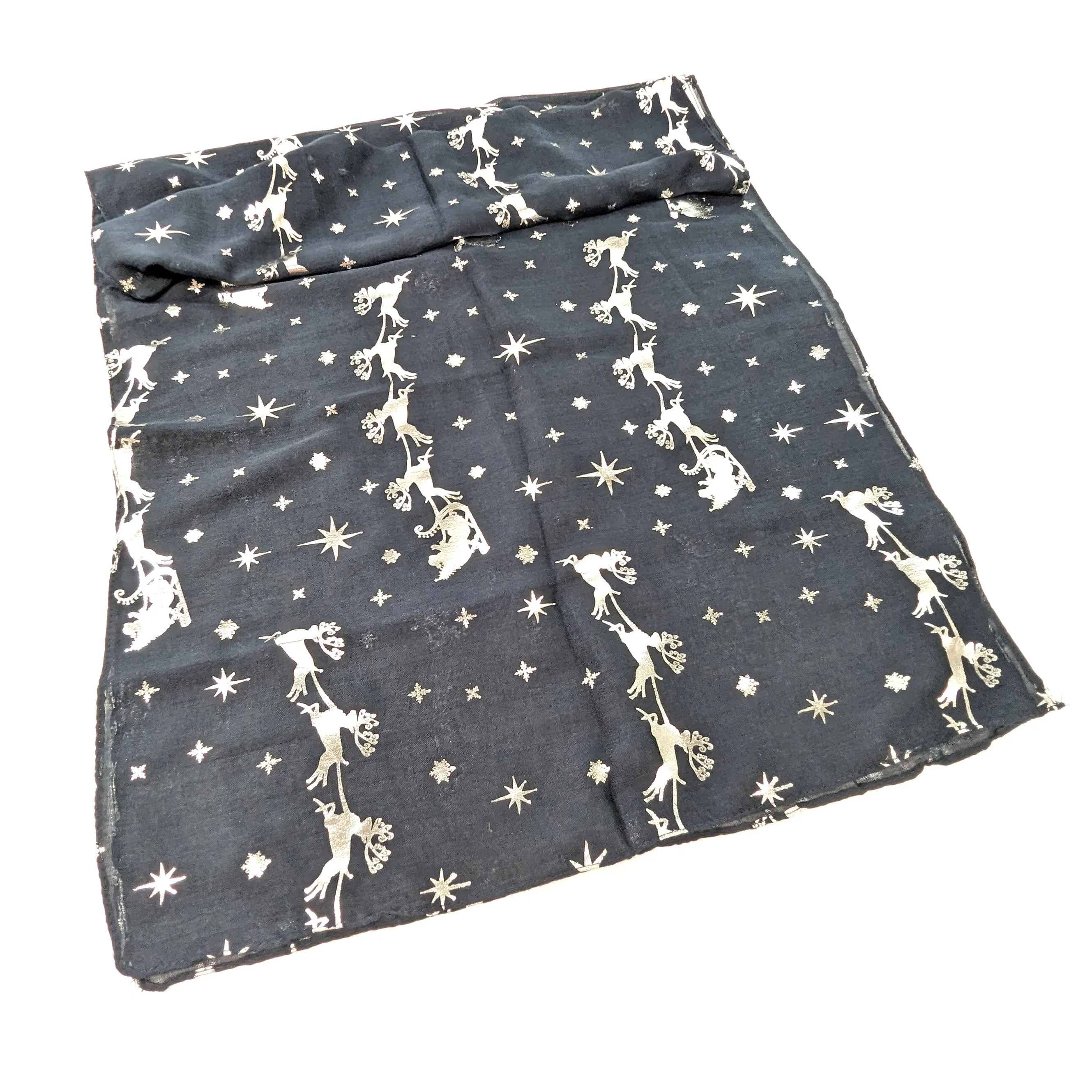 Santa and his Sleigh Scarf - Silver on Navy