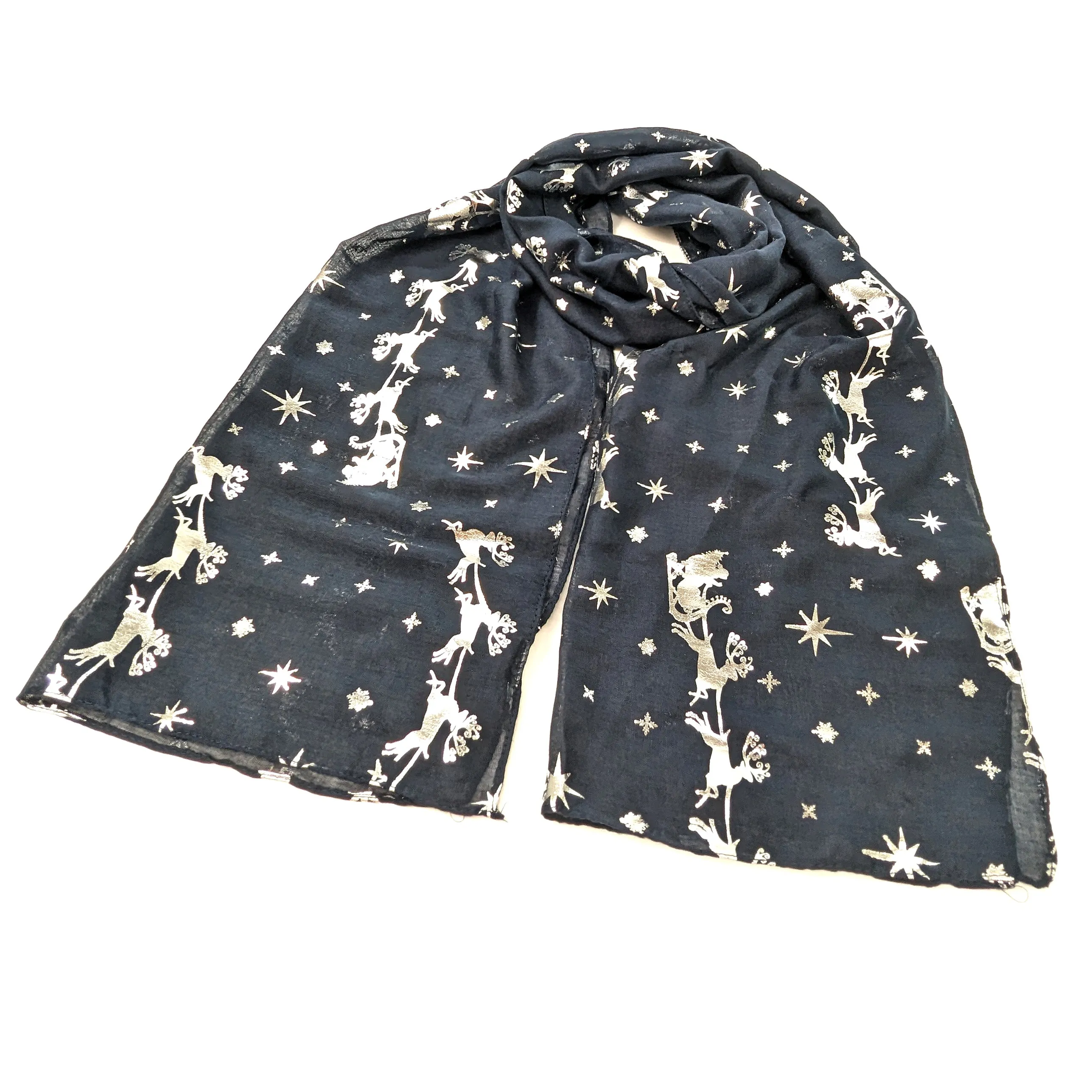 Santa and his Sleigh Scarf - Silver on Navy