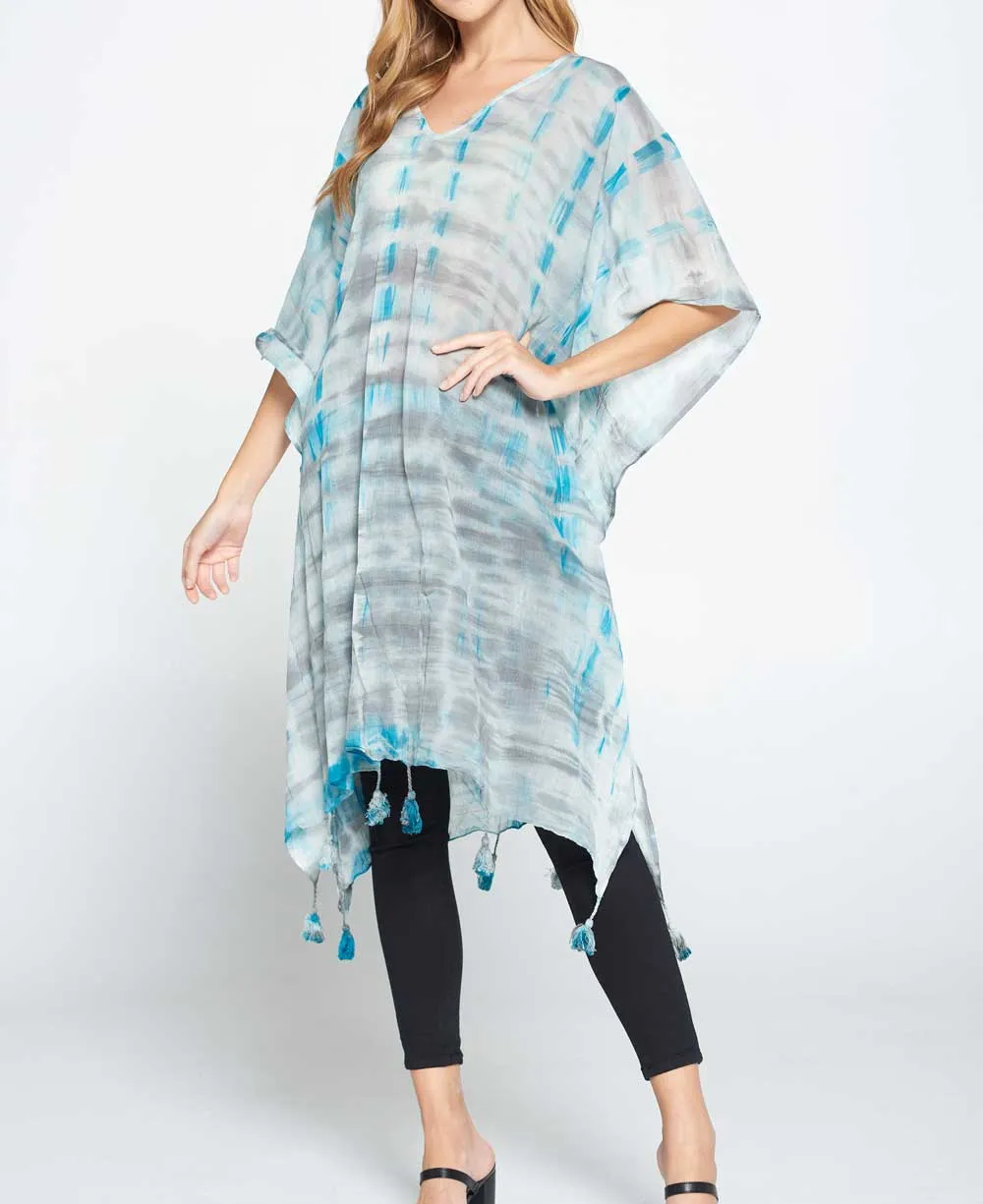 Tie and Dye Sheer Cotton Kaftan in Grey and Turquoise Tones