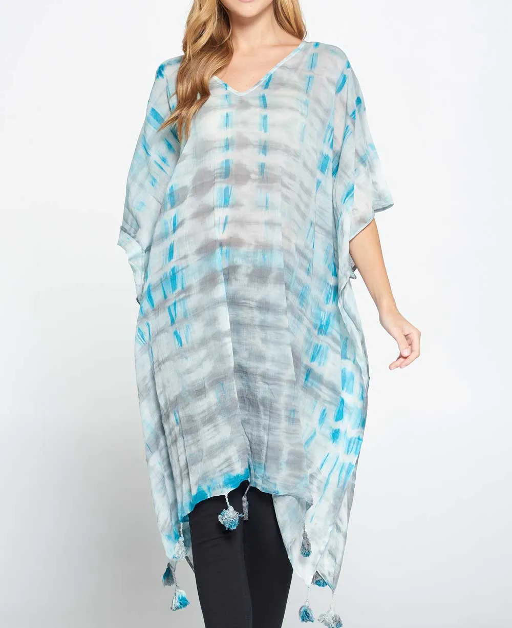 Tie and Dye Sheer Cotton Kaftan in Grey and Turquoise Tones