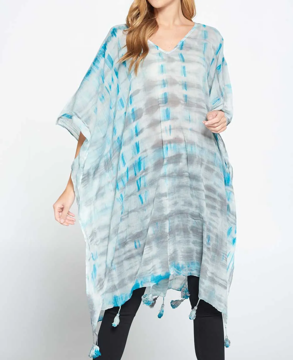 Tie and Dye Sheer Cotton Kaftan in Grey and Turquoise Tones