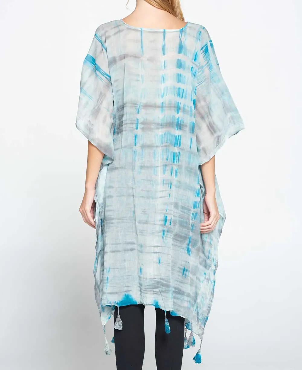 Tie and Dye Sheer Cotton Kaftan in Grey and Turquoise Tones