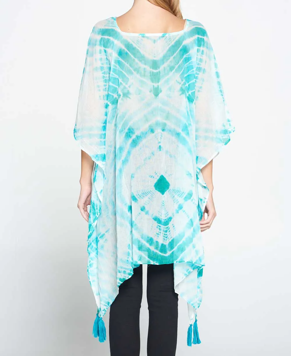 Tie and Dye Sheer Cotton Kaftan in Sea Green