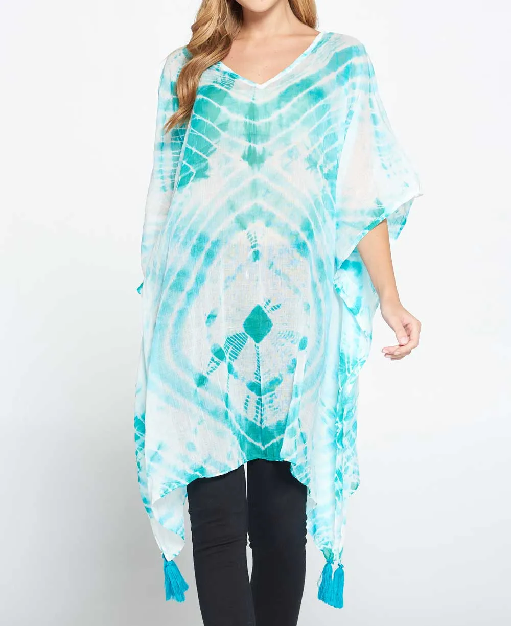 Tie and Dye Sheer Cotton Kaftan in Sea Green