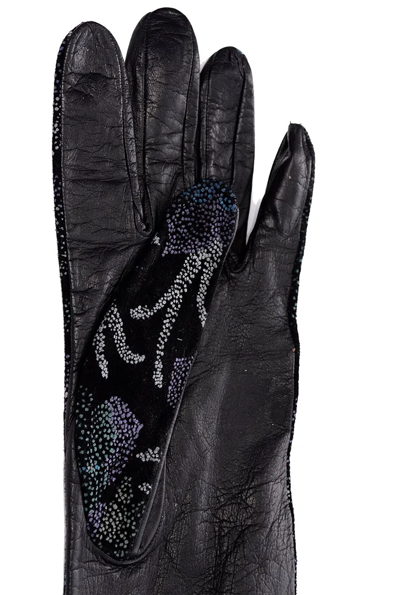 Vintage Carlos Falchi Pointillism Blue Purple Flowers Leather Opera Gloves w Silk Lining