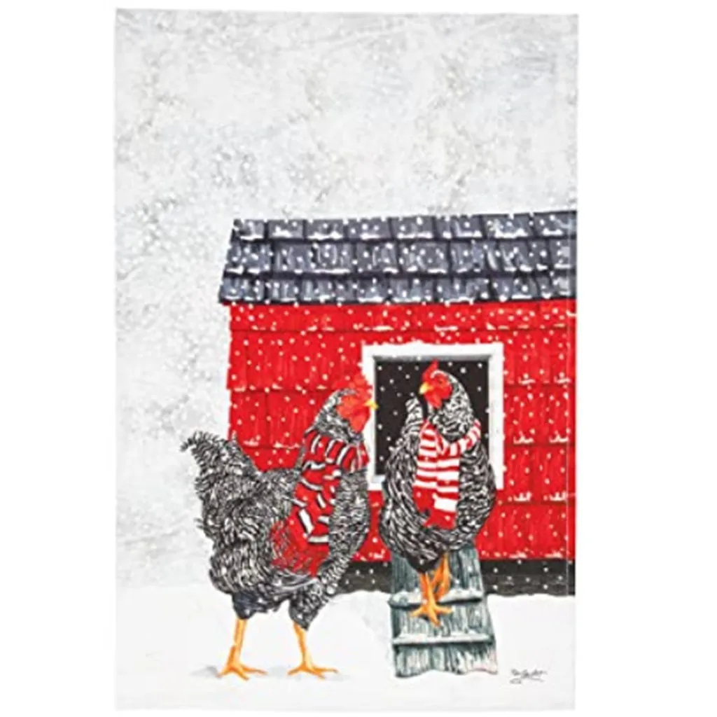 Winter Chickens Wearing Red Scarves Outside Chick Coup Flour Sack Kitchen Dish Towel