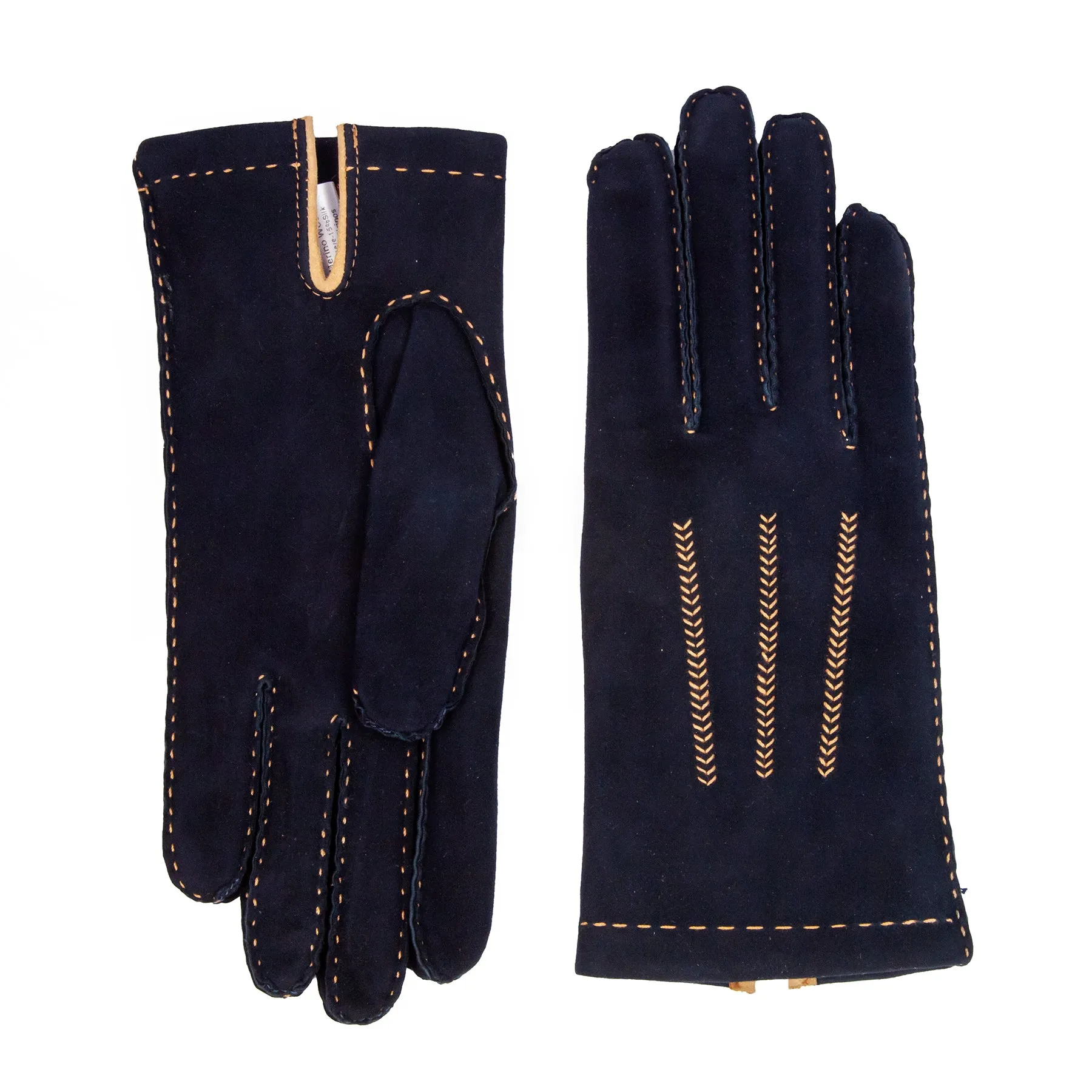 Women's classic blue suede leather gloves entirely hand-sewn with cashmere lining