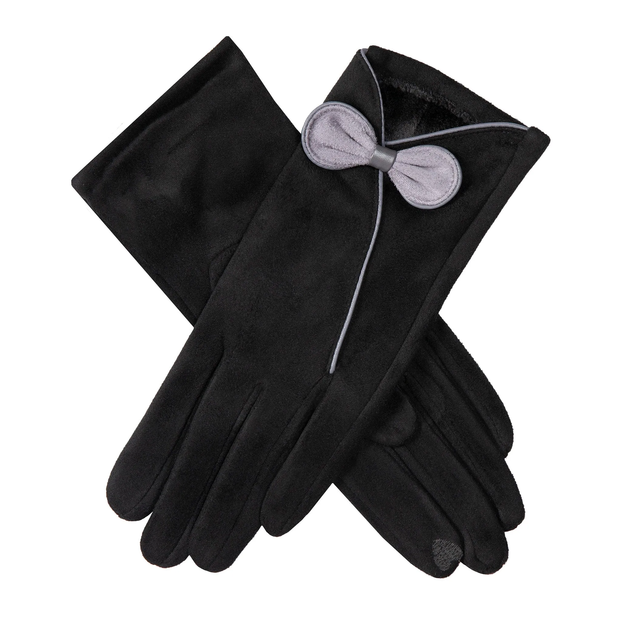 Women’s Touchscreen Velour-Lined Faux Suede Gloves with Contrast Trim and Bow