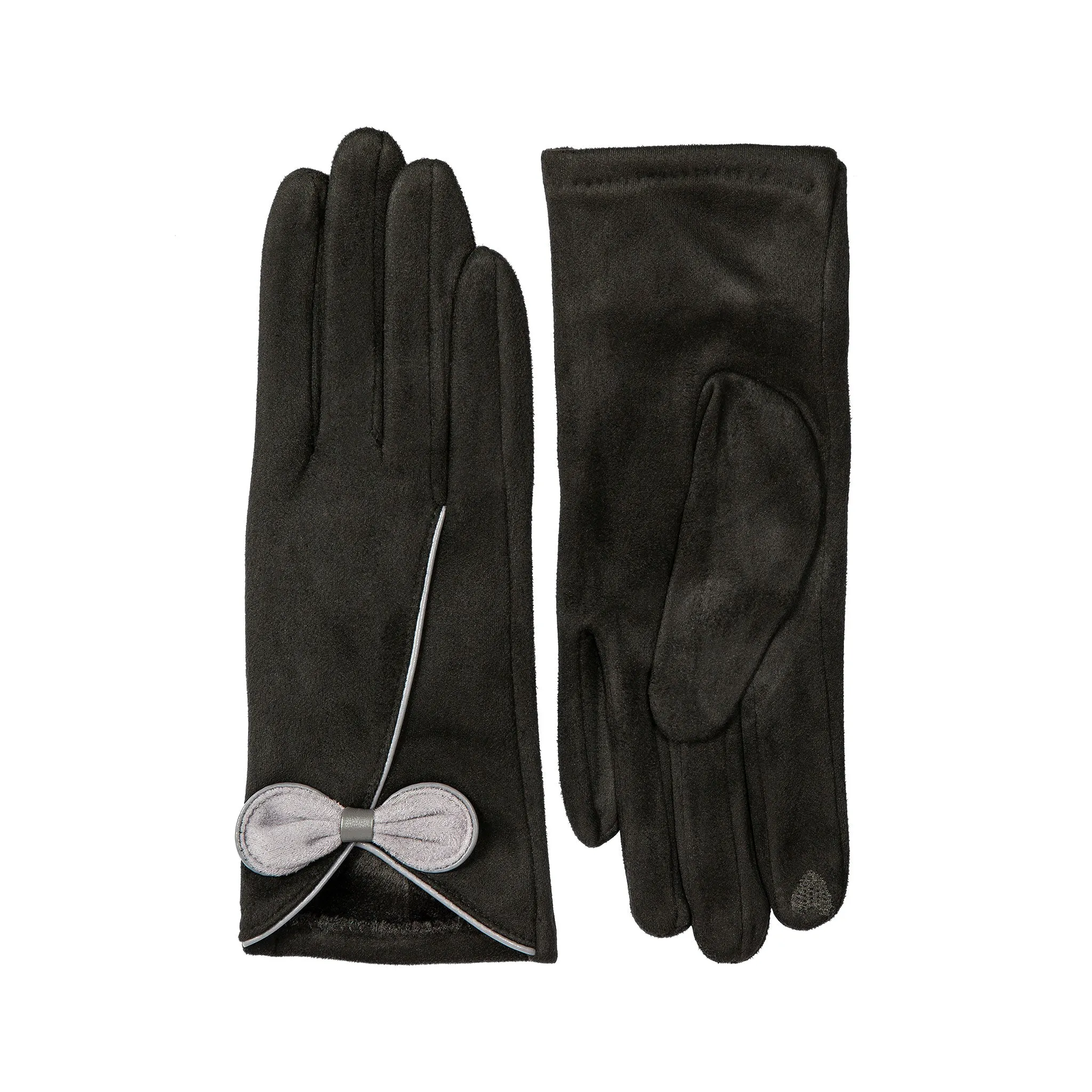 Women’s Touchscreen Velour-Lined Faux Suede Gloves with Contrast Trim and Bow