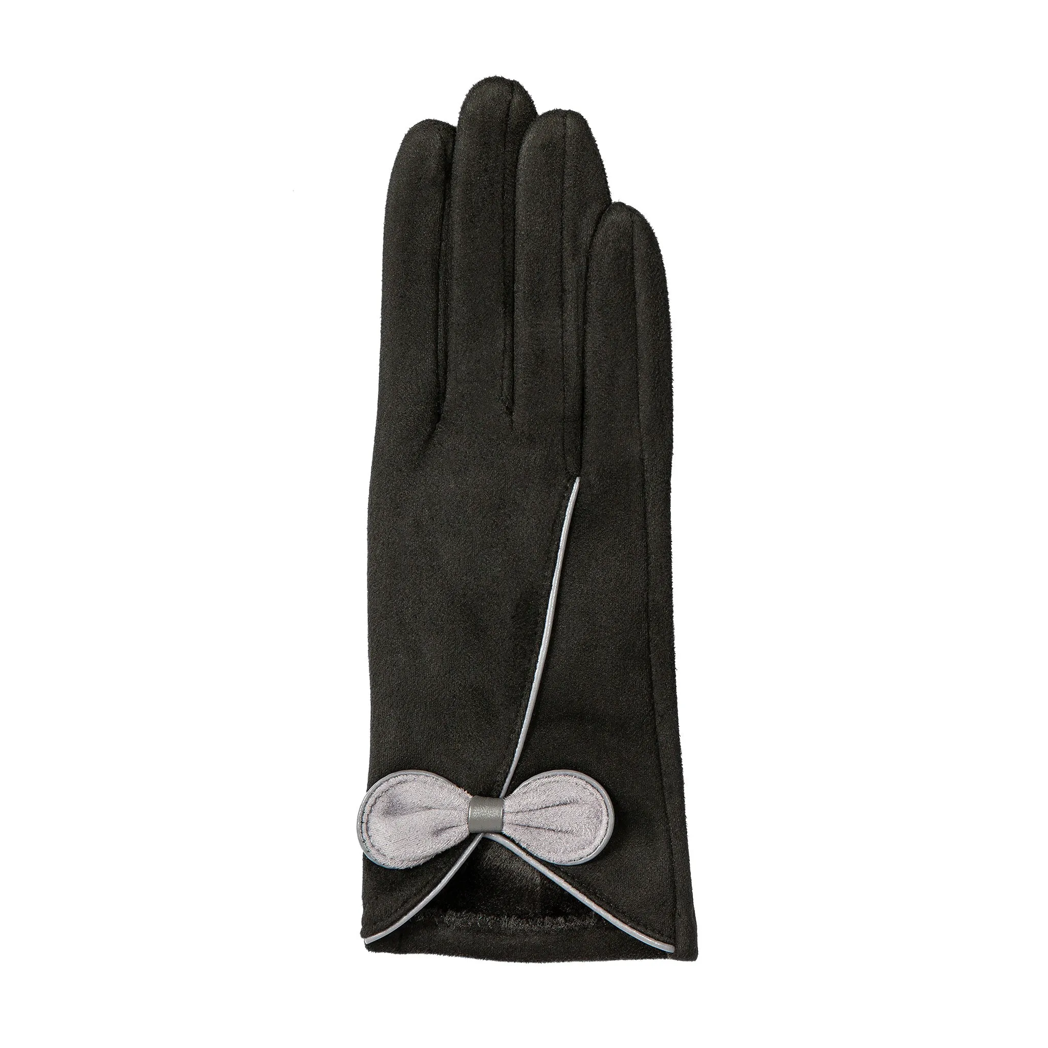 Women’s Touchscreen Velour-Lined Faux Suede Gloves with Contrast Trim and Bow