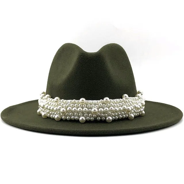 Wool Fedora Hats w/ Pearl Ribbon Trim Womens Accessories