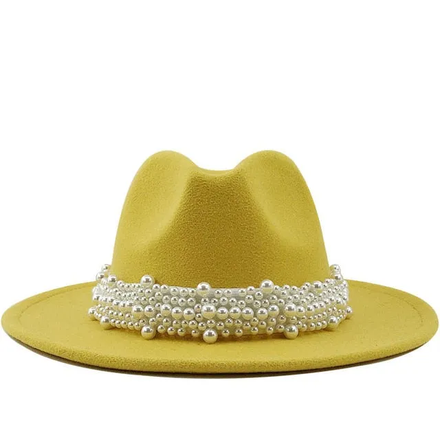 Wool Fedora Hats w/ Pearl Ribbon Trim Womens Accessories