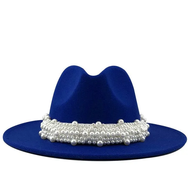 Wool Fedora Hats w/ Pearl Ribbon Trim Womens Accessories