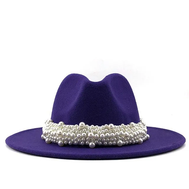 Wool Fedora Hats w/ Pearl Ribbon Trim Womens Accessories