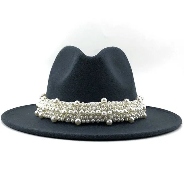 Wool Fedora Hats w/ Pearl Ribbon Trim Womens Accessories