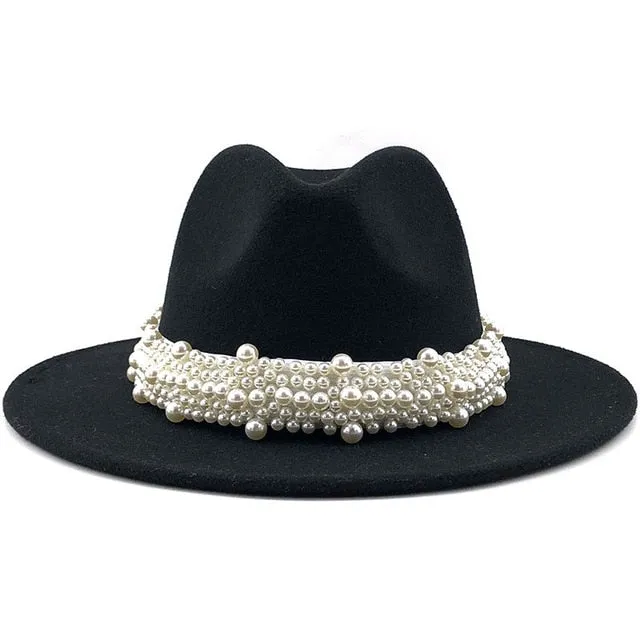 Wool Fedora Hats w/ Pearl Ribbon Trim Womens Accessories