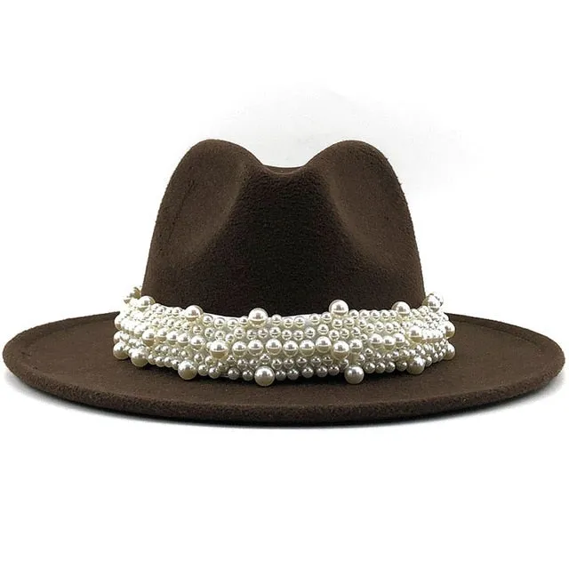 Wool Fedora Hats w/ Pearl Ribbon Trim Womens Accessories