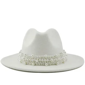 Wool Fedora Hats w/ Pearl Ribbon Trim Womens Accessories