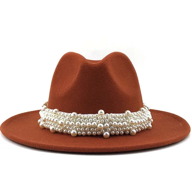 Wool Fedora Hats w/ Pearl Ribbon Trim Womens Accessories