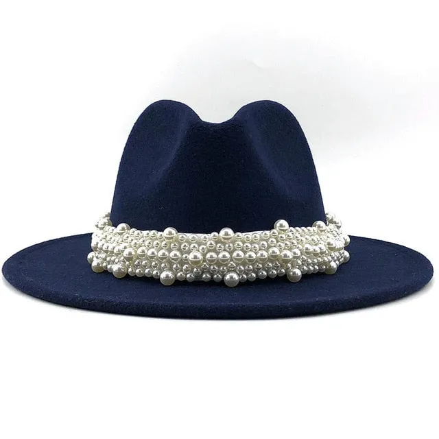 Wool Fedora Hats w/ Pearl Ribbon Trim Womens Accessories