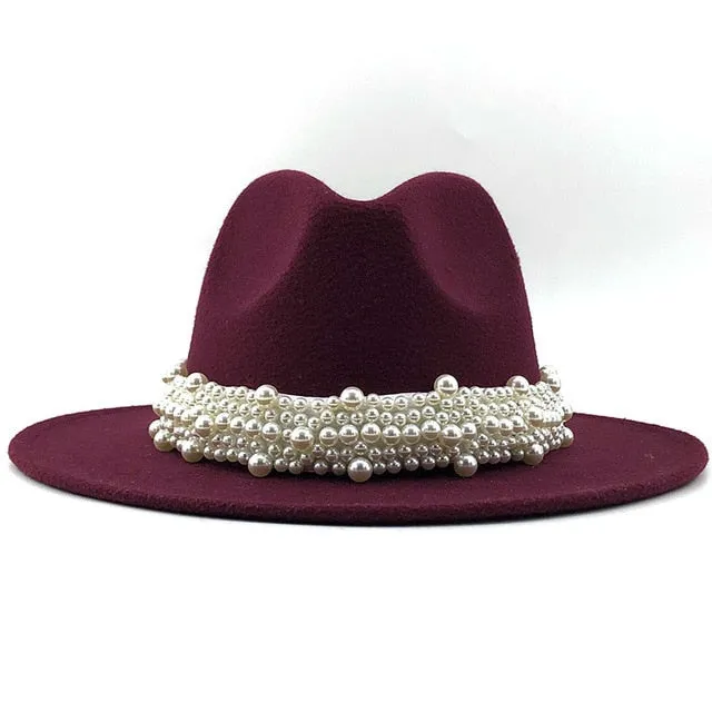 Wool Fedora Hats w/ Pearl Ribbon Trim Womens Accessories