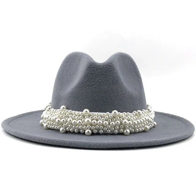 Wool Fedora Hats w/ Pearl Ribbon Trim Womens Accessories