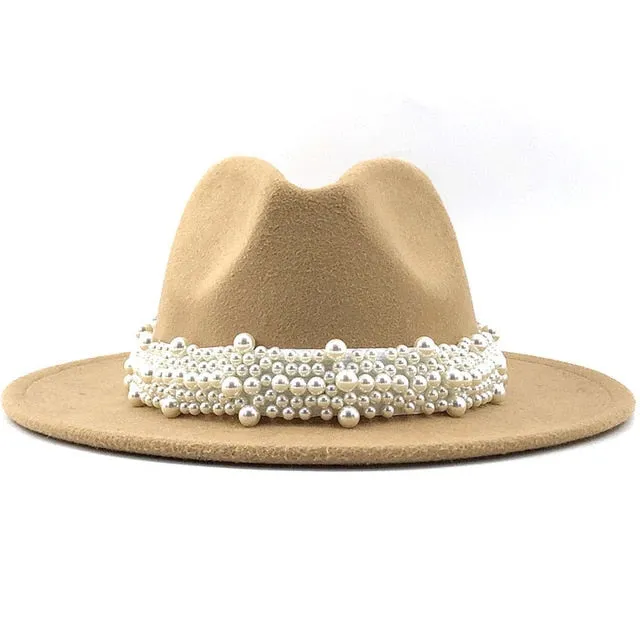 Wool Fedora Hats w/ Pearl Ribbon Trim Womens Accessories