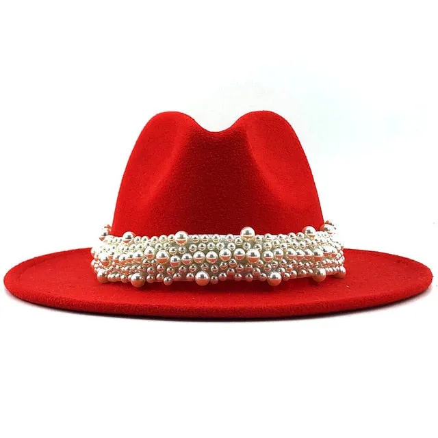 Wool Fedora Hats w/ Pearl Ribbon Trim Womens Accessories