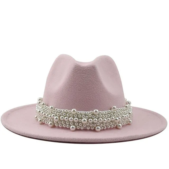 Wool Fedora Hats w/ Pearl Ribbon Trim Womens Accessories